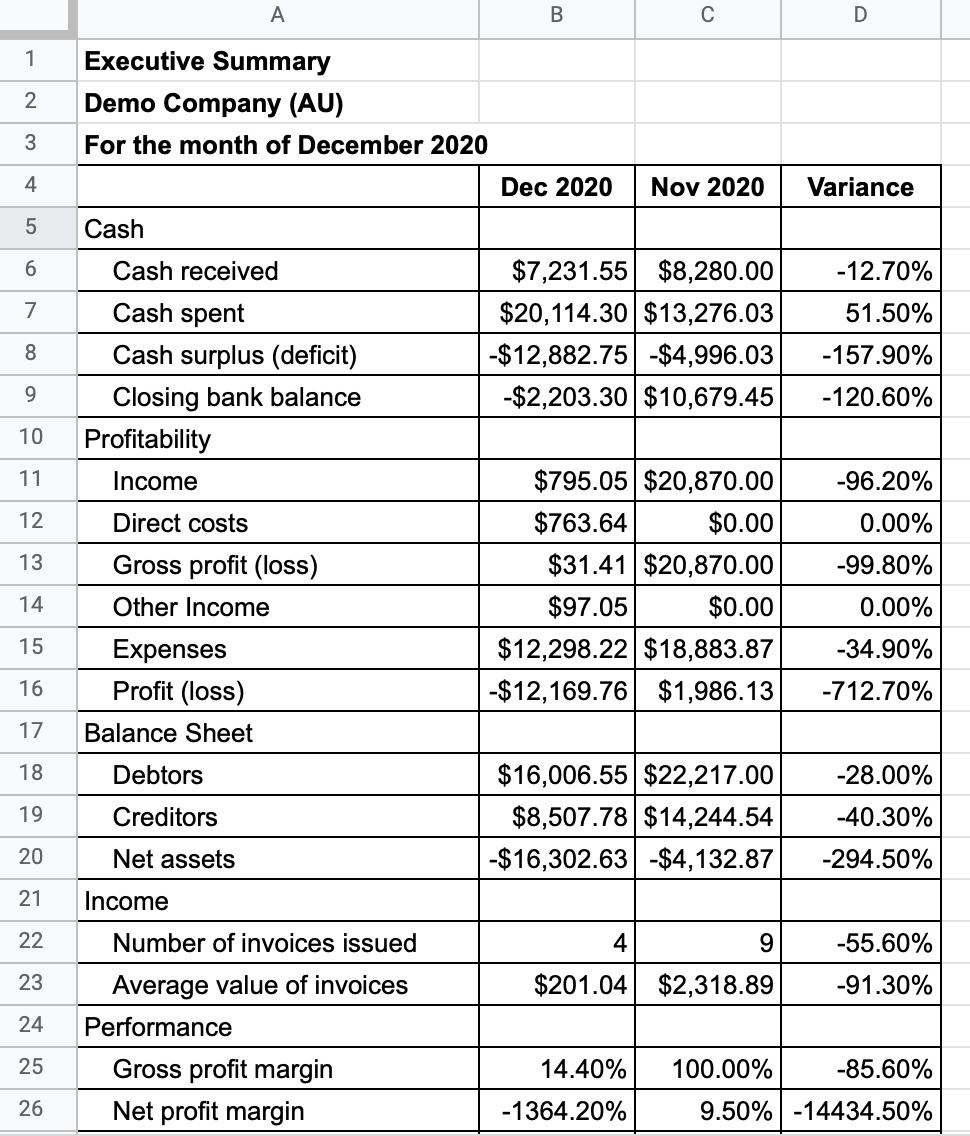 Executive Summary Report Xero Reports