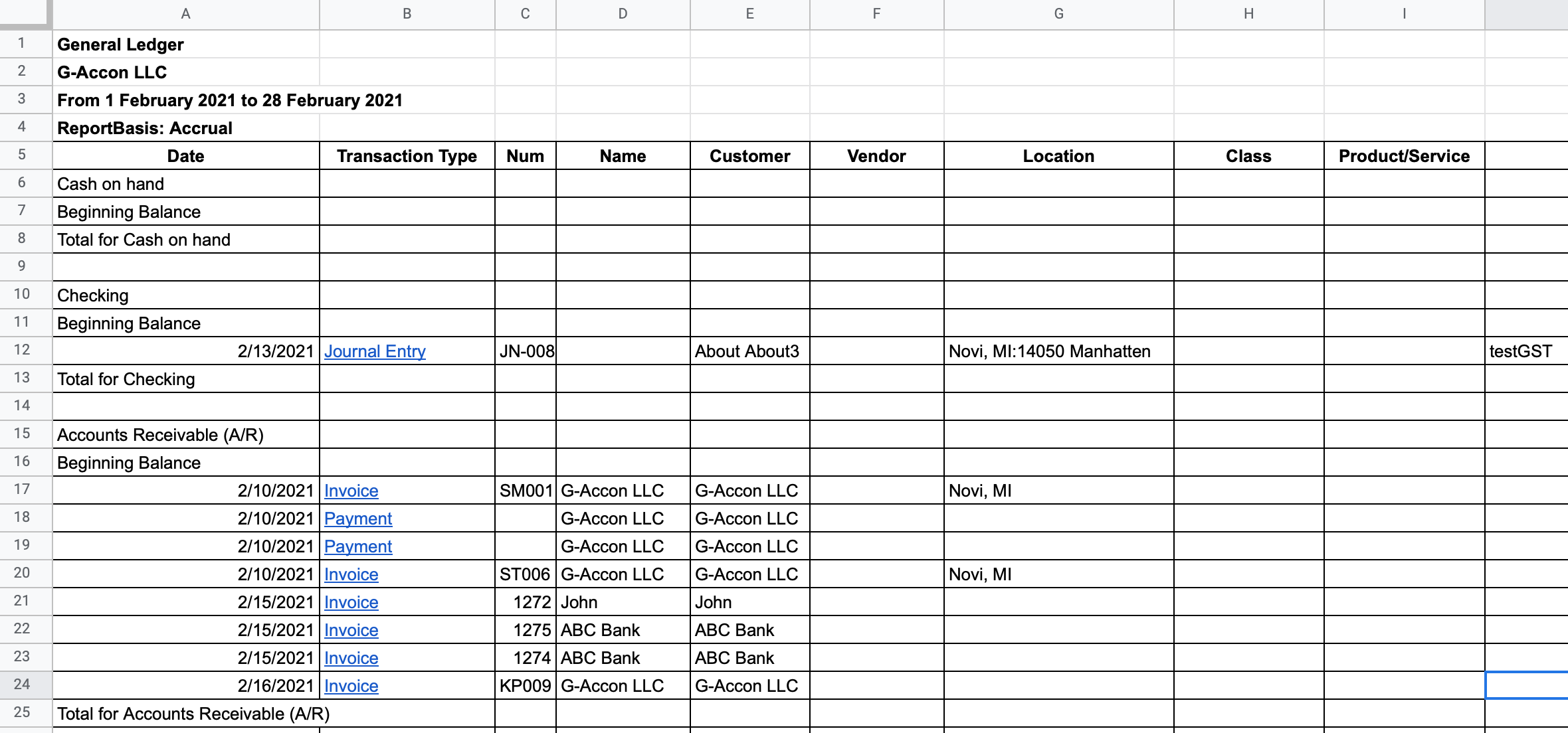 QuickBooks General Ledger Report Google Sheets Integration